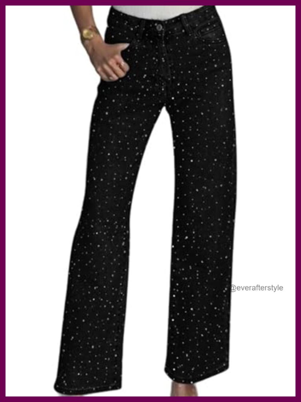 High Waisted Rhinestone Wide Leg Jeans Sparkly Embellished Denim Pants